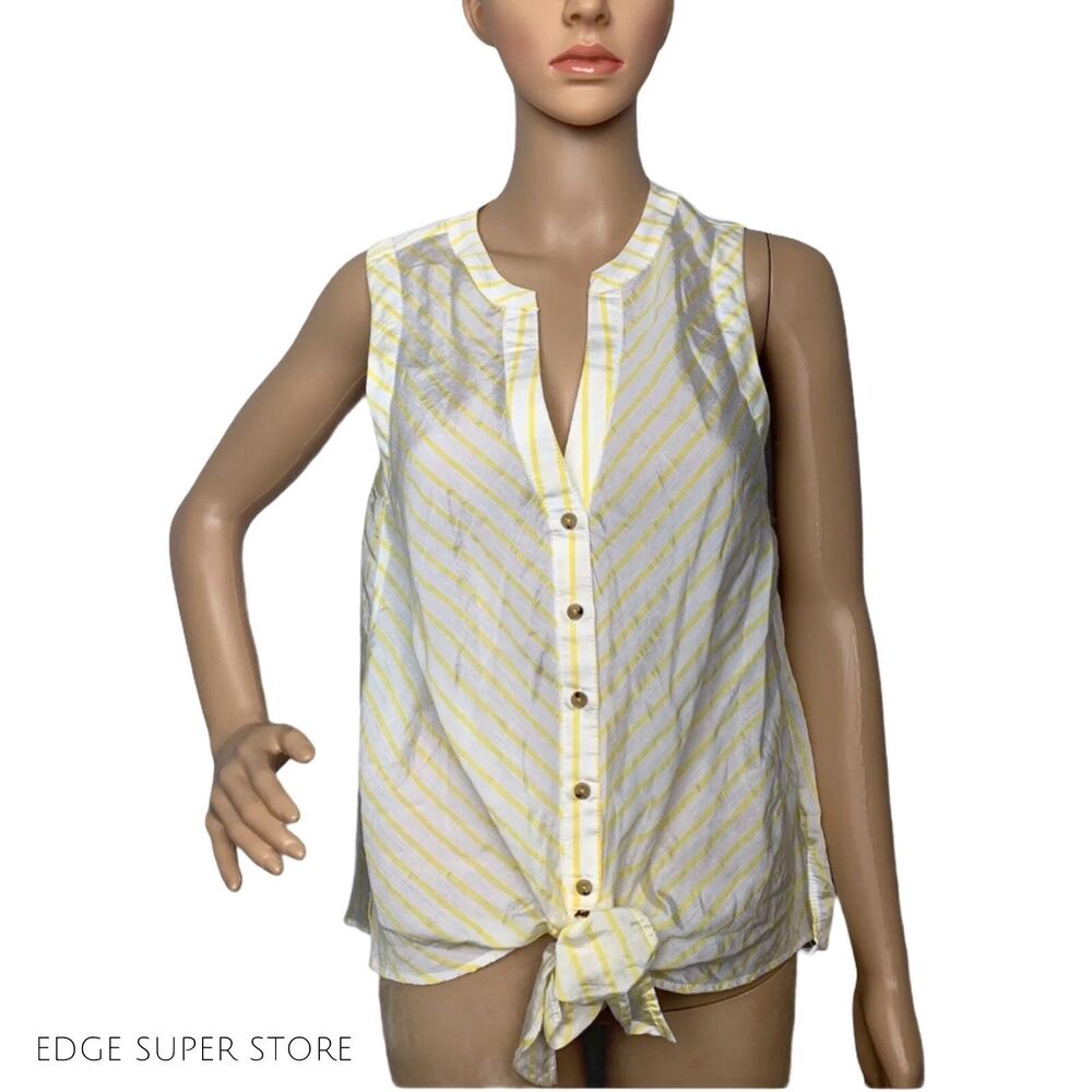Anthropologie Maeve Semi Sheer Striped Yellow Crop Tie Up Front Blouse Top Sz 6